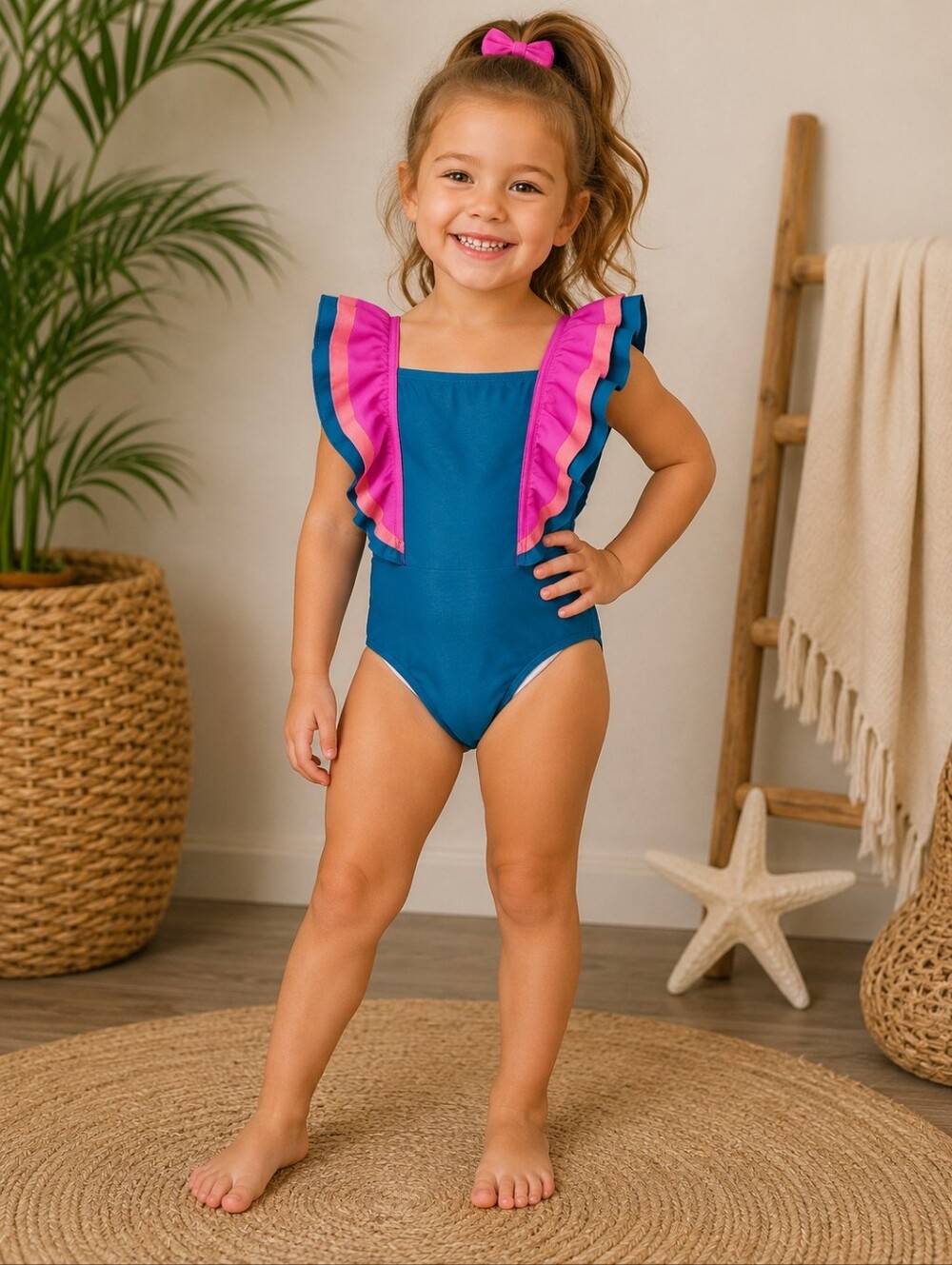 Beach Lingo Teal One-Piece Swimsuit with Pink and Coral Ruffle Straps Size 3t
